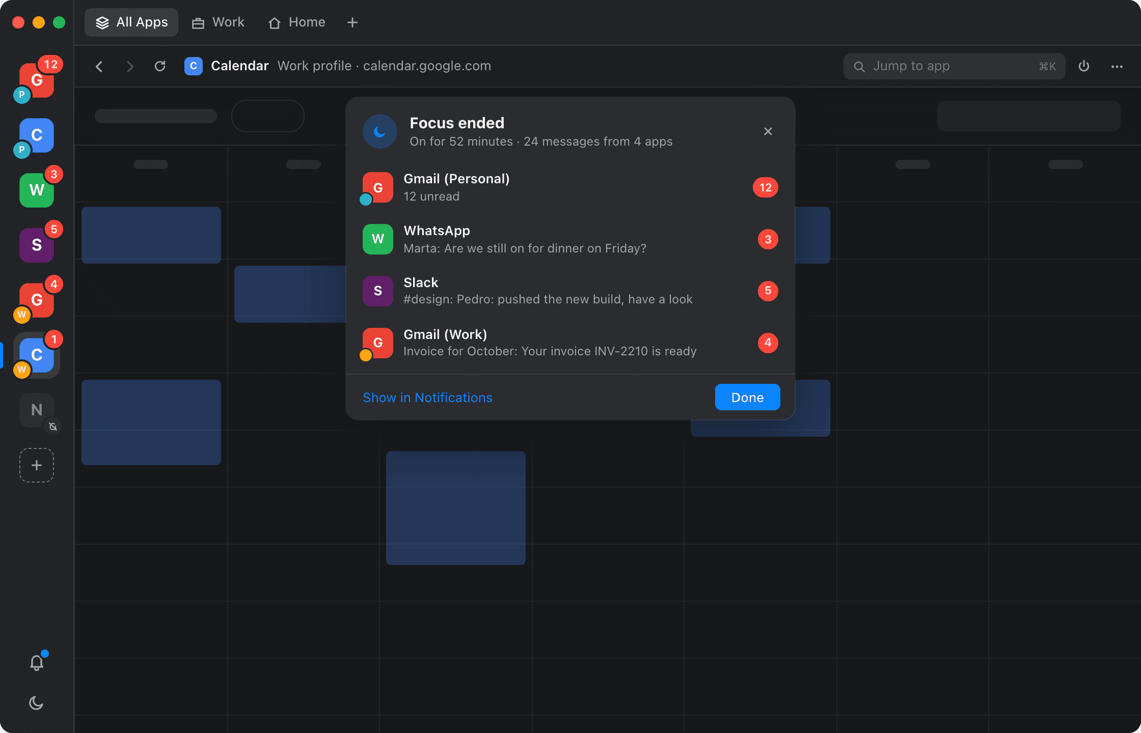 Corral's Focus-ended summary, listing what arrived in each app