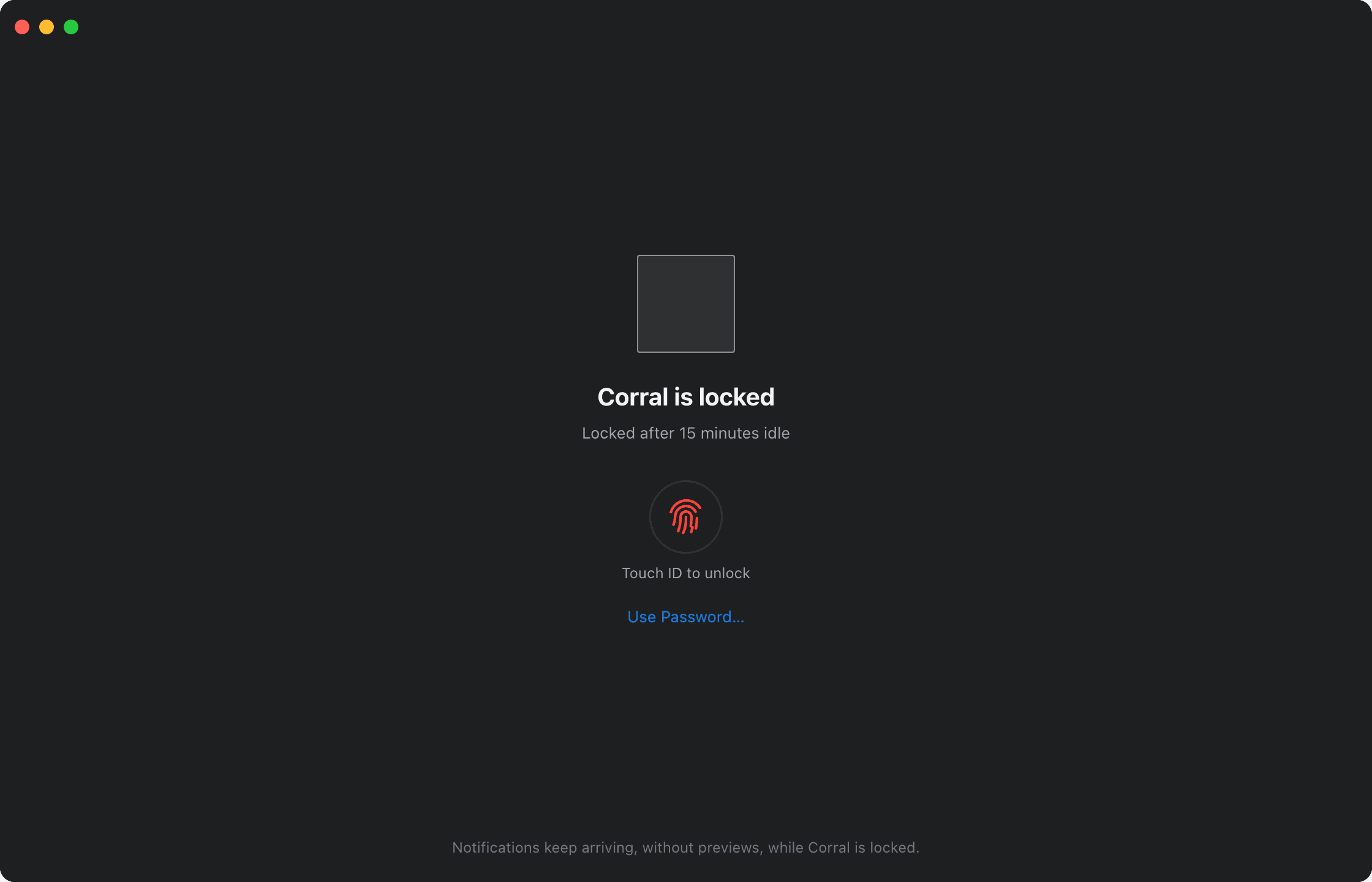 Corral locked, prompting to unlock with Touch ID