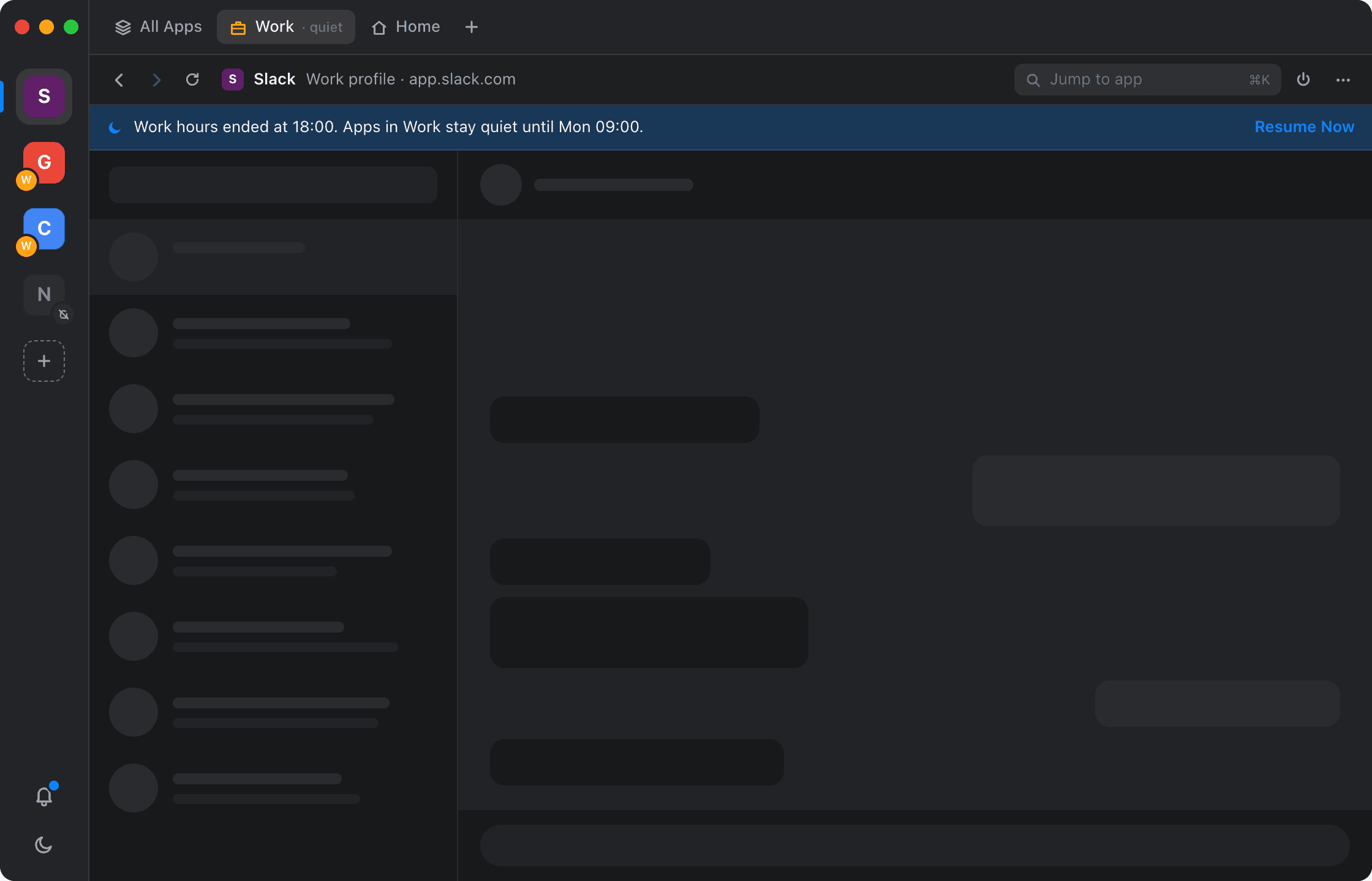 Corral's Work workspace silenced outside work hours, with a Resume now option