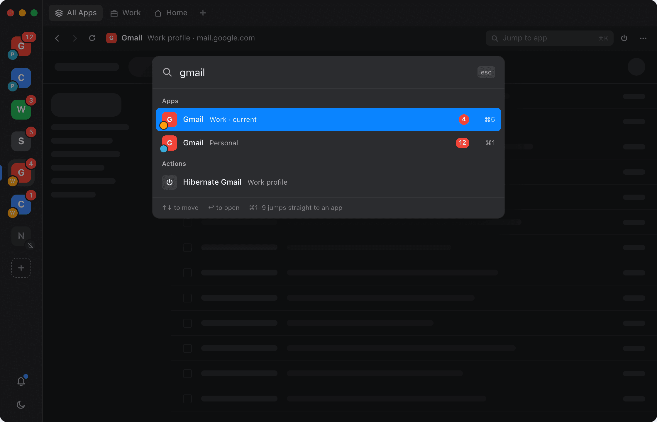 Corral's ⌘K app switcher, searching for Gmail